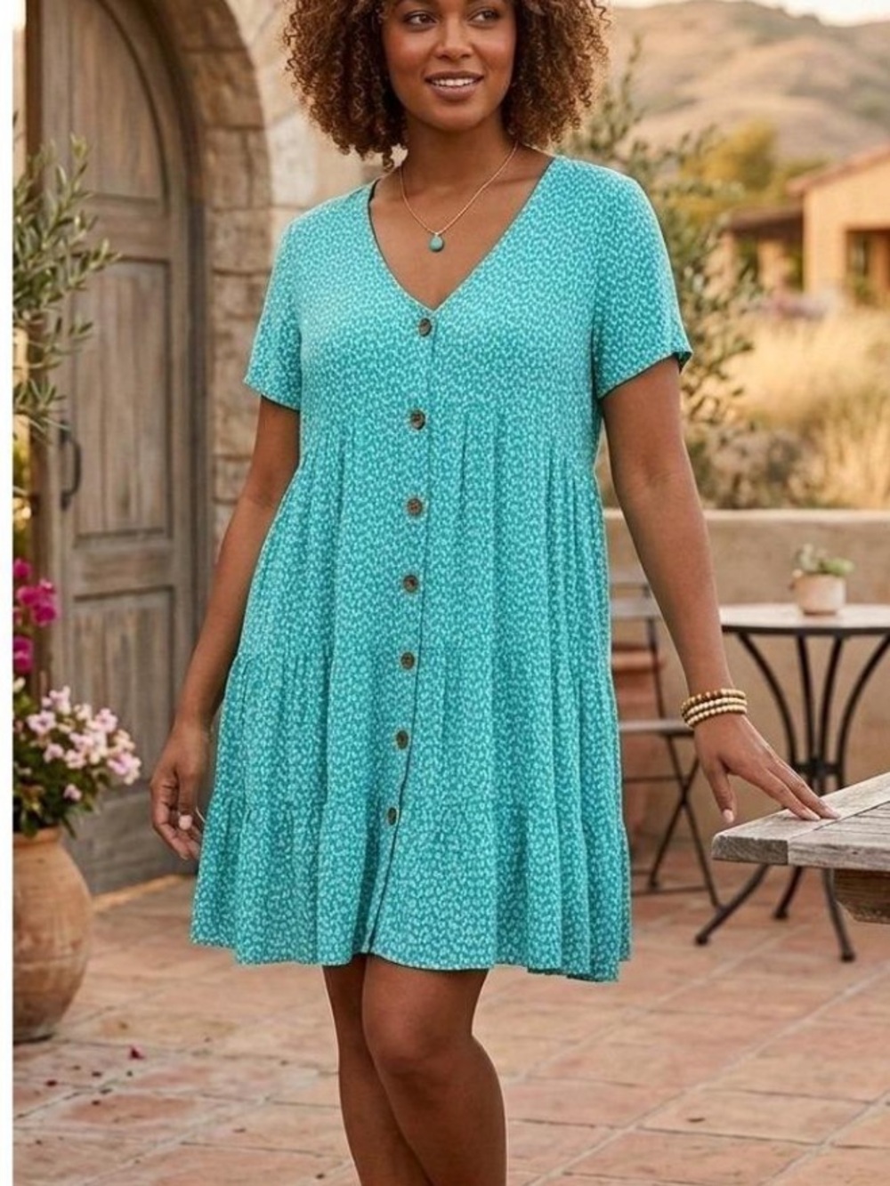 Ces femmes Button-Front Teal Mini Dresses